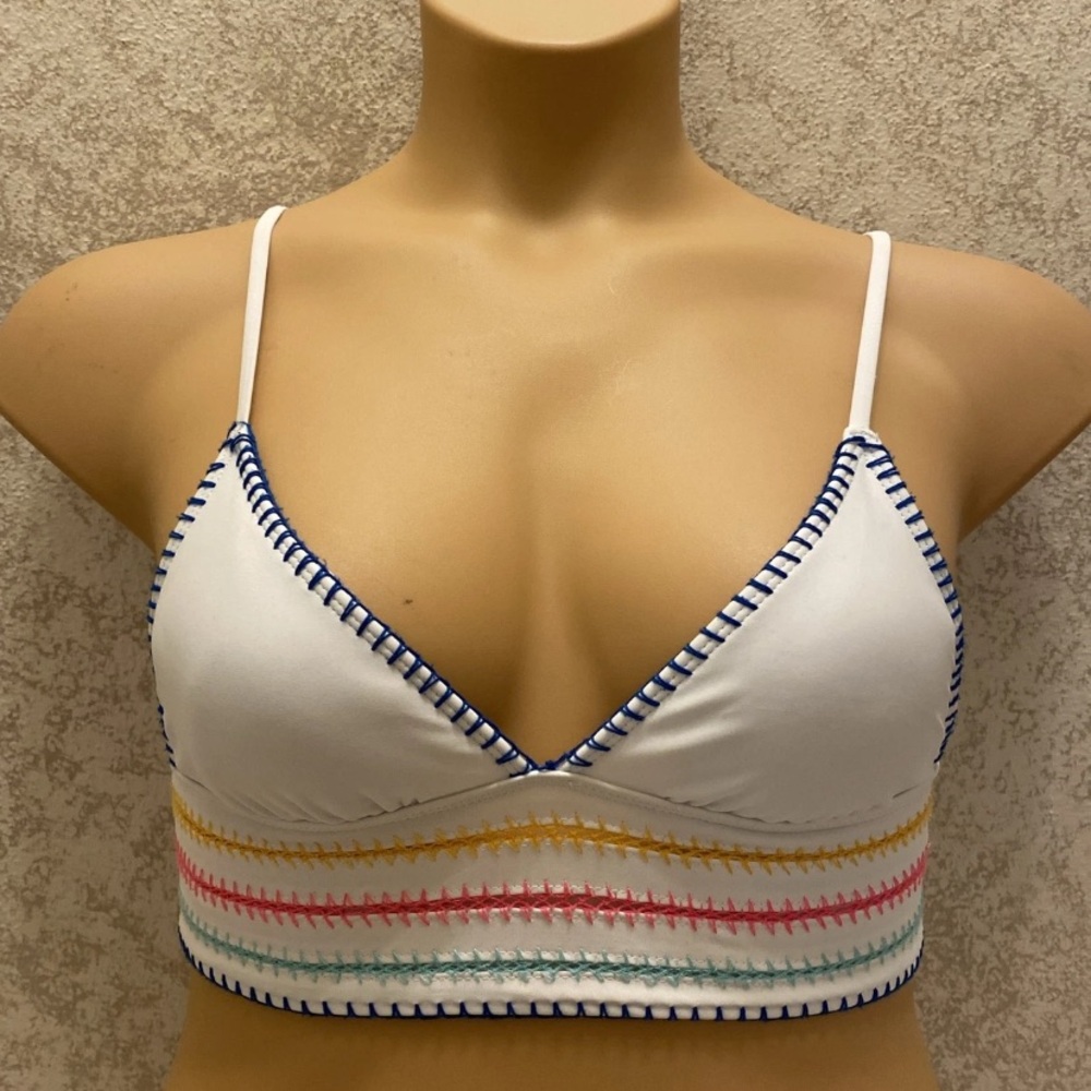 No Boundaries Arctic White Bikini Top with Multicolor Embroidered Stitching